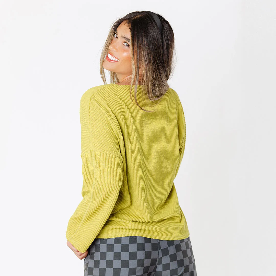 Sabrina Ribbed Pullover, Chartreuse fuzzy dream