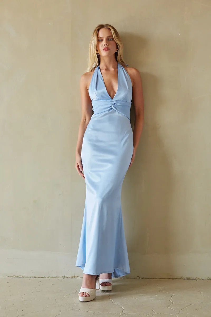 Sage Satin Halter Maxi Dress button ease