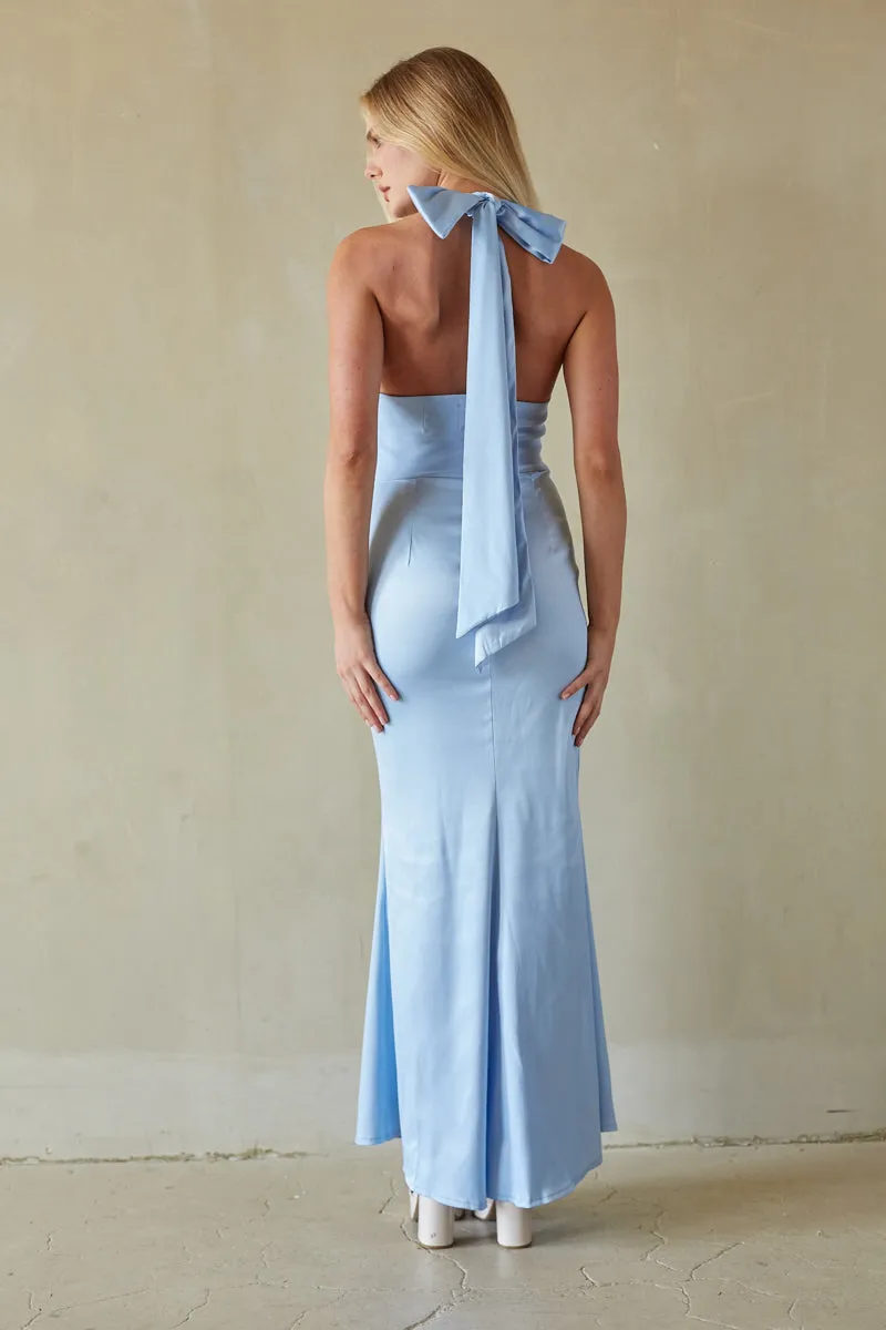Sage Satin Halter Maxi Dress button ease
