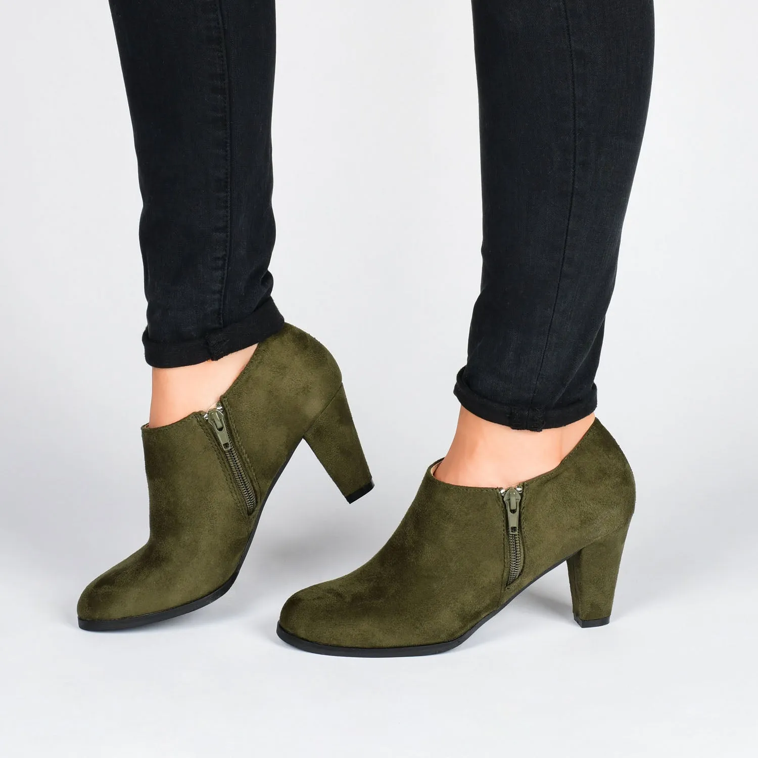 SANZI ZIP-UP BOOTIES IN FAUX SUEDE skirt pair