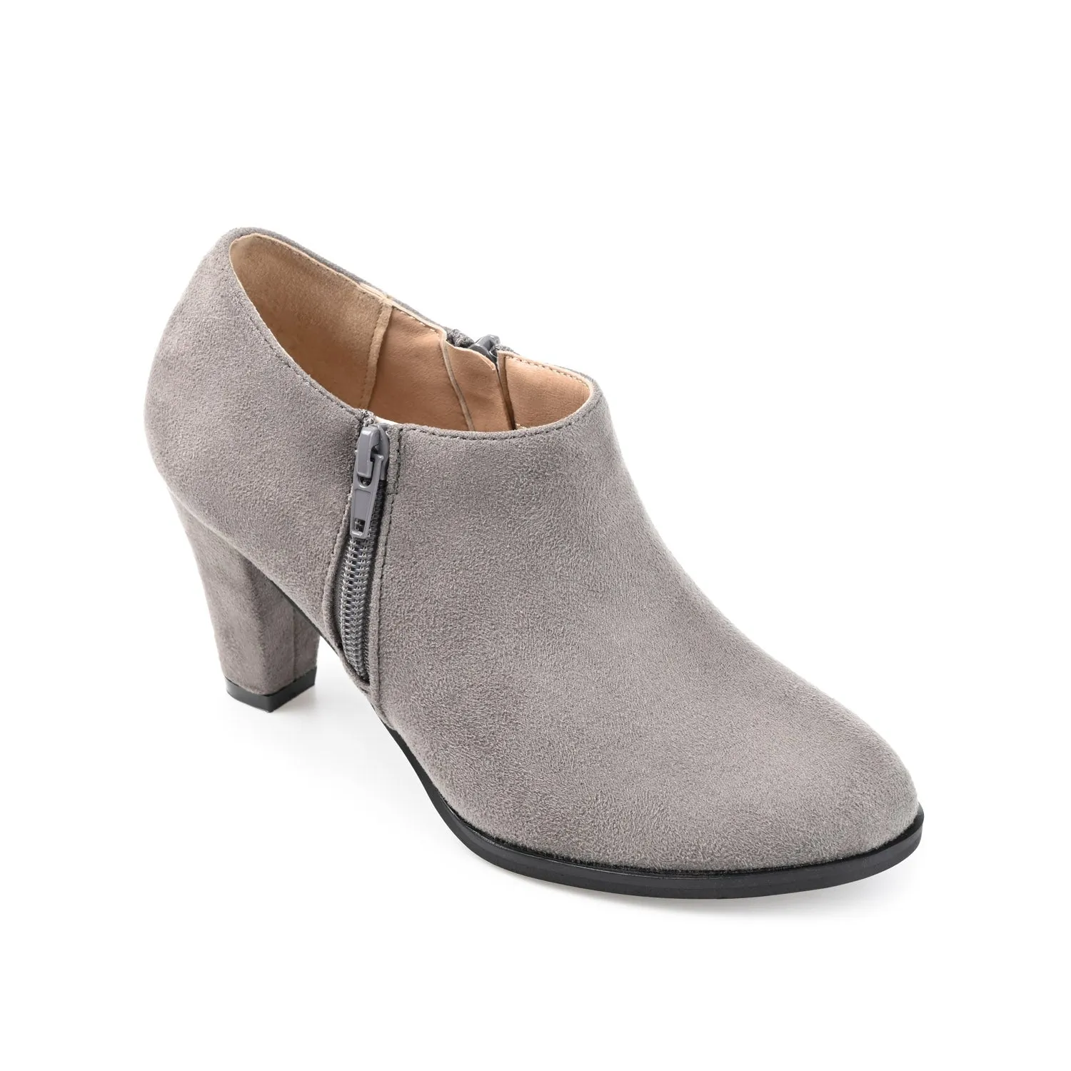 SANZI ZIP-UP BOOTIES IN FAUX SUEDE skirt pair