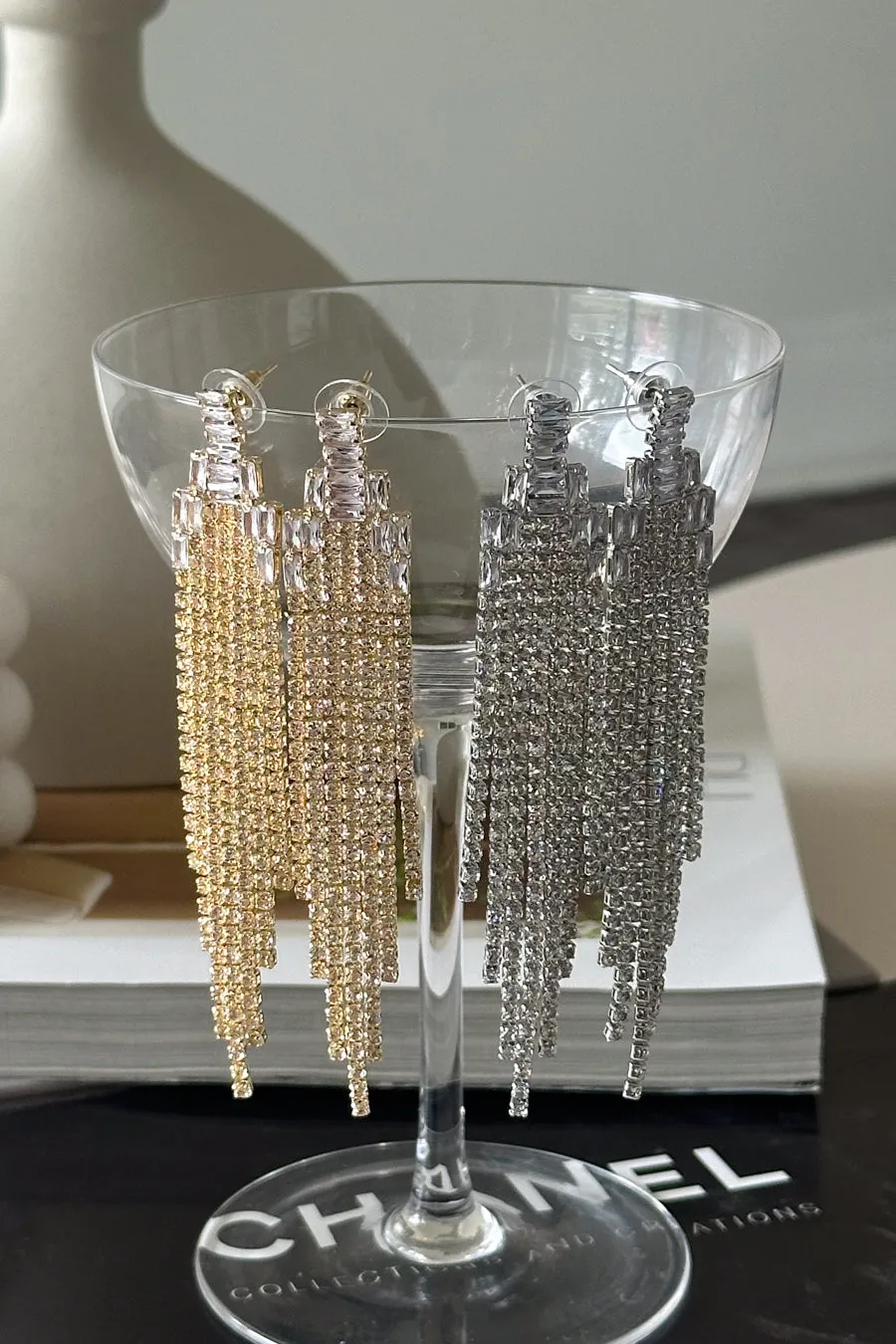 Serena Rhinestone Tassle Drop Studs asym detail