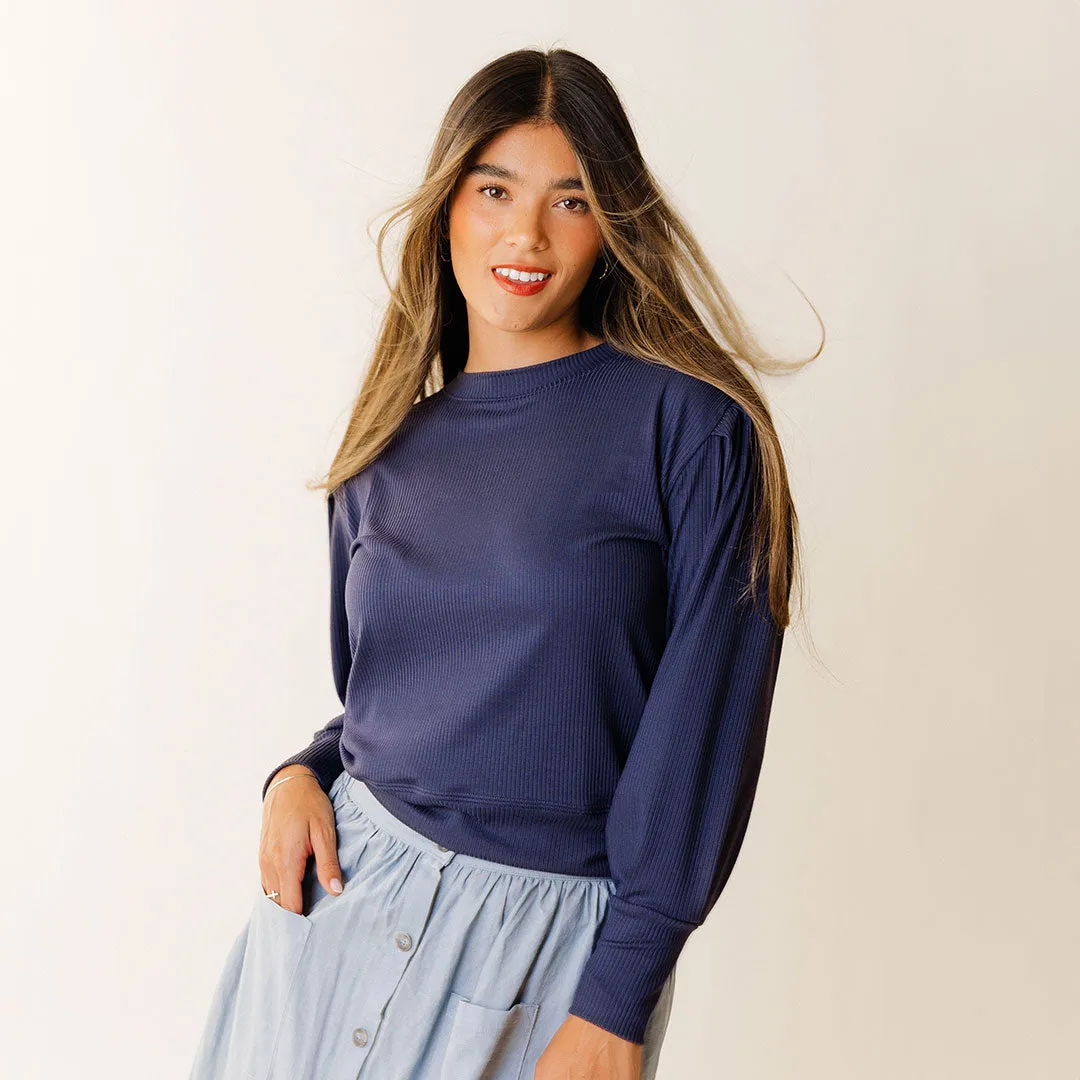 Serena Top, Navy Rib oversize style