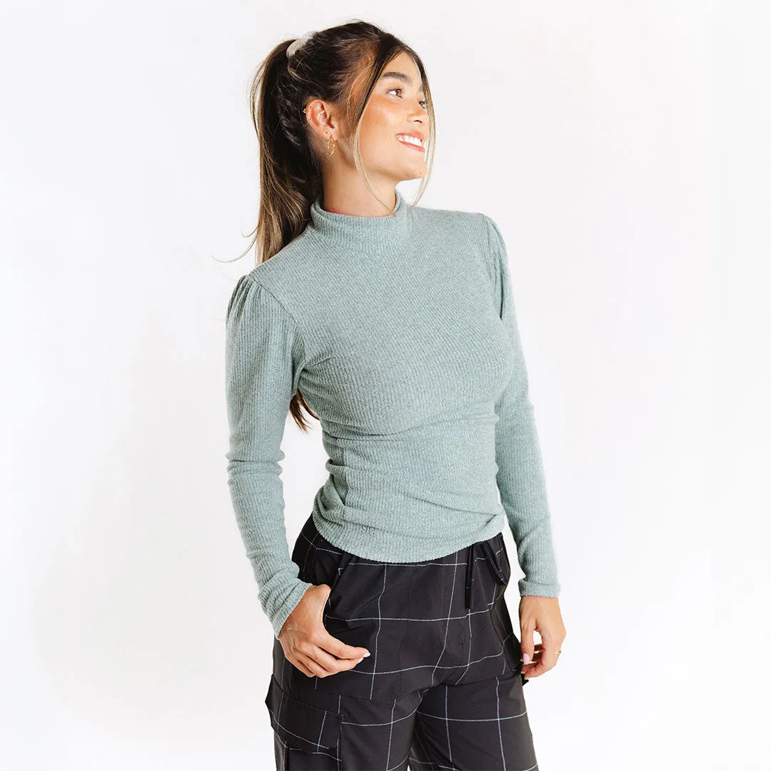 Sydney Turtleneck, Green Mint zip front