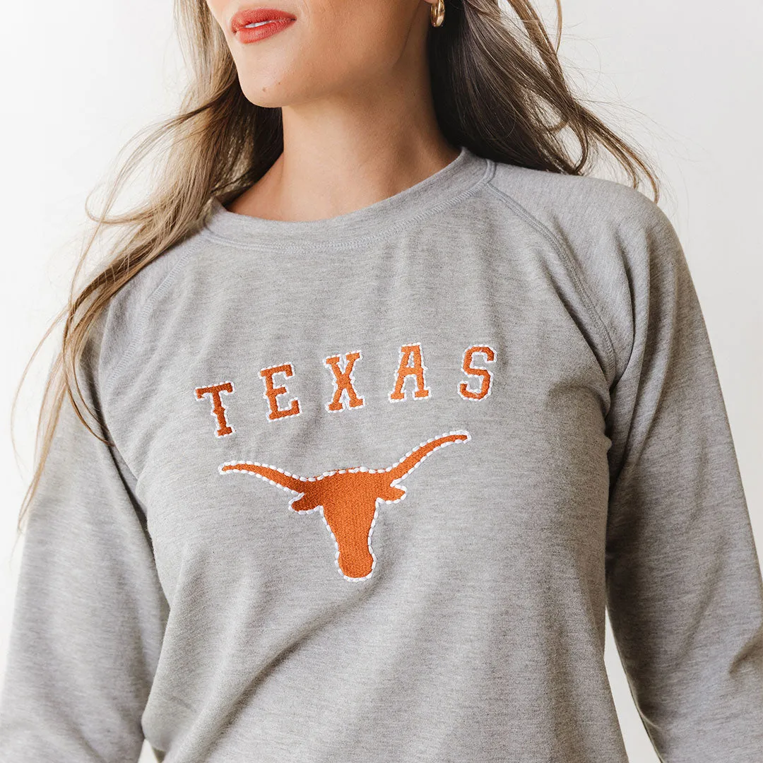 Texas Embroidered Campus Crew, Heather Grey bike mood