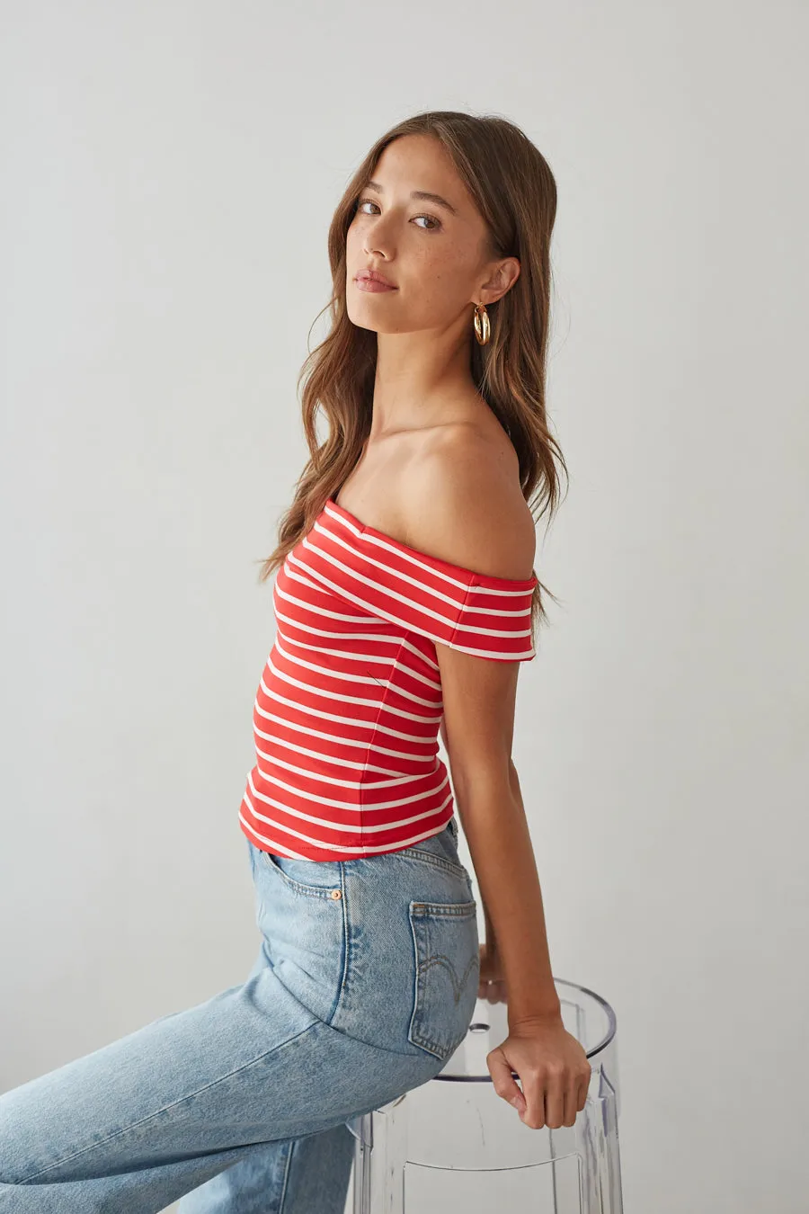 Tika Off the Shoulder Striped Crop Top mall stroll