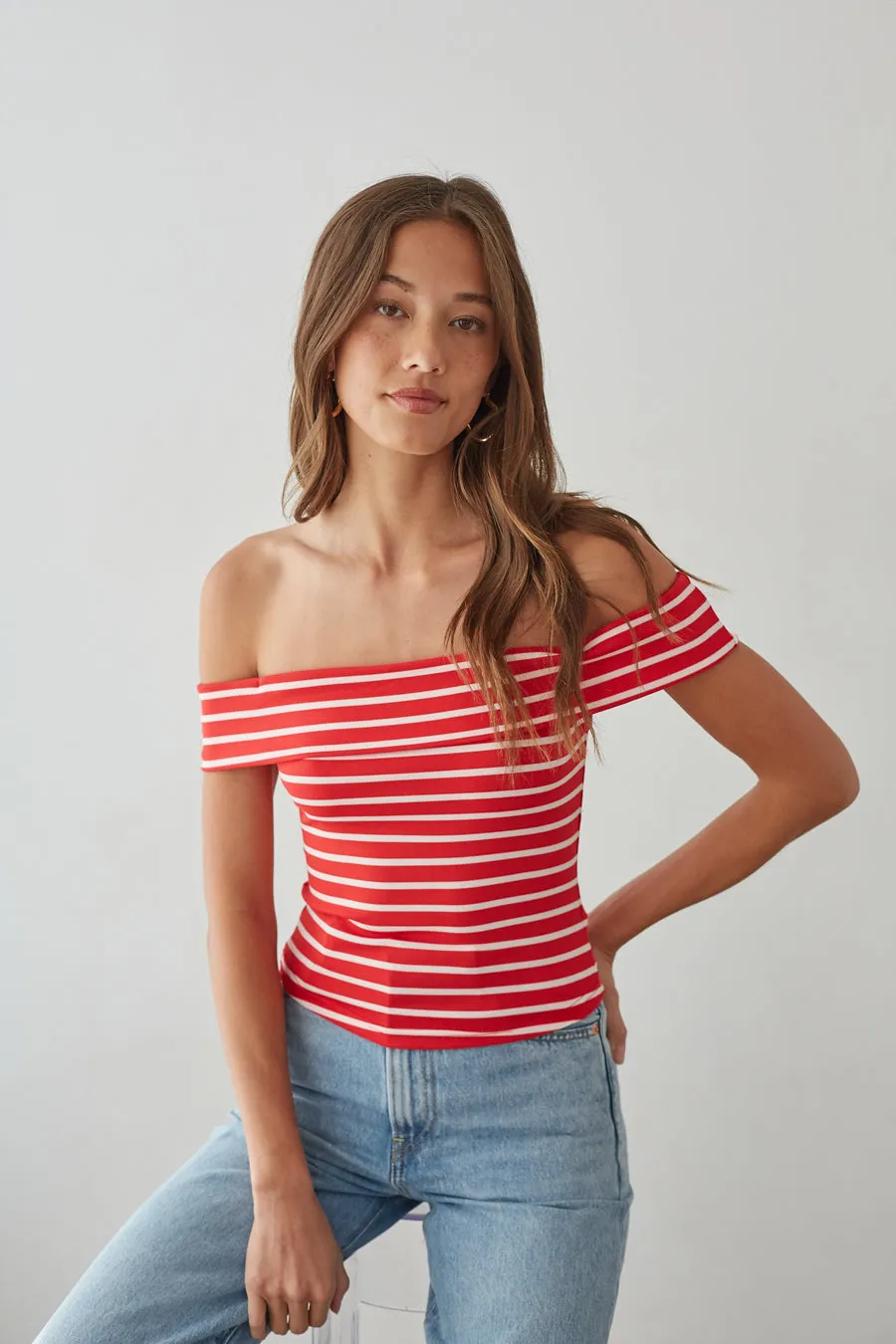Tika Off the Shoulder Striped Crop Top mall stroll