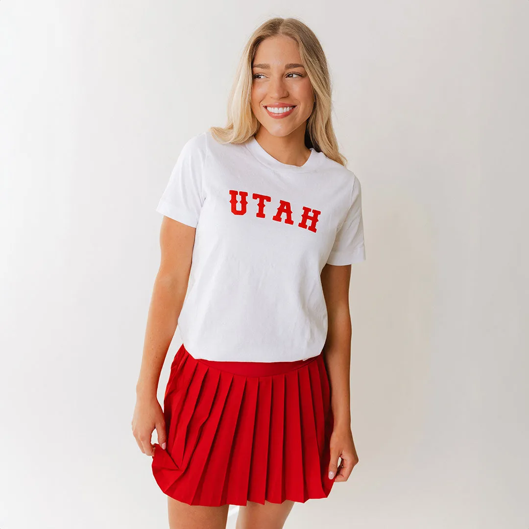 Utah Boyfriend Tee, White Crimson Western round neck