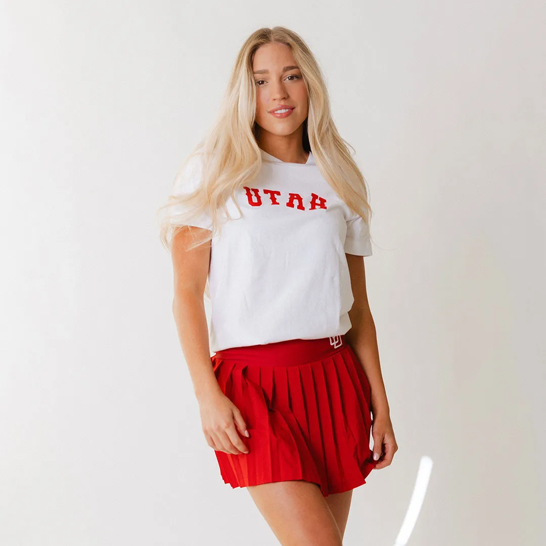 Utah Boyfriend Tee, White Crimson Western round neck