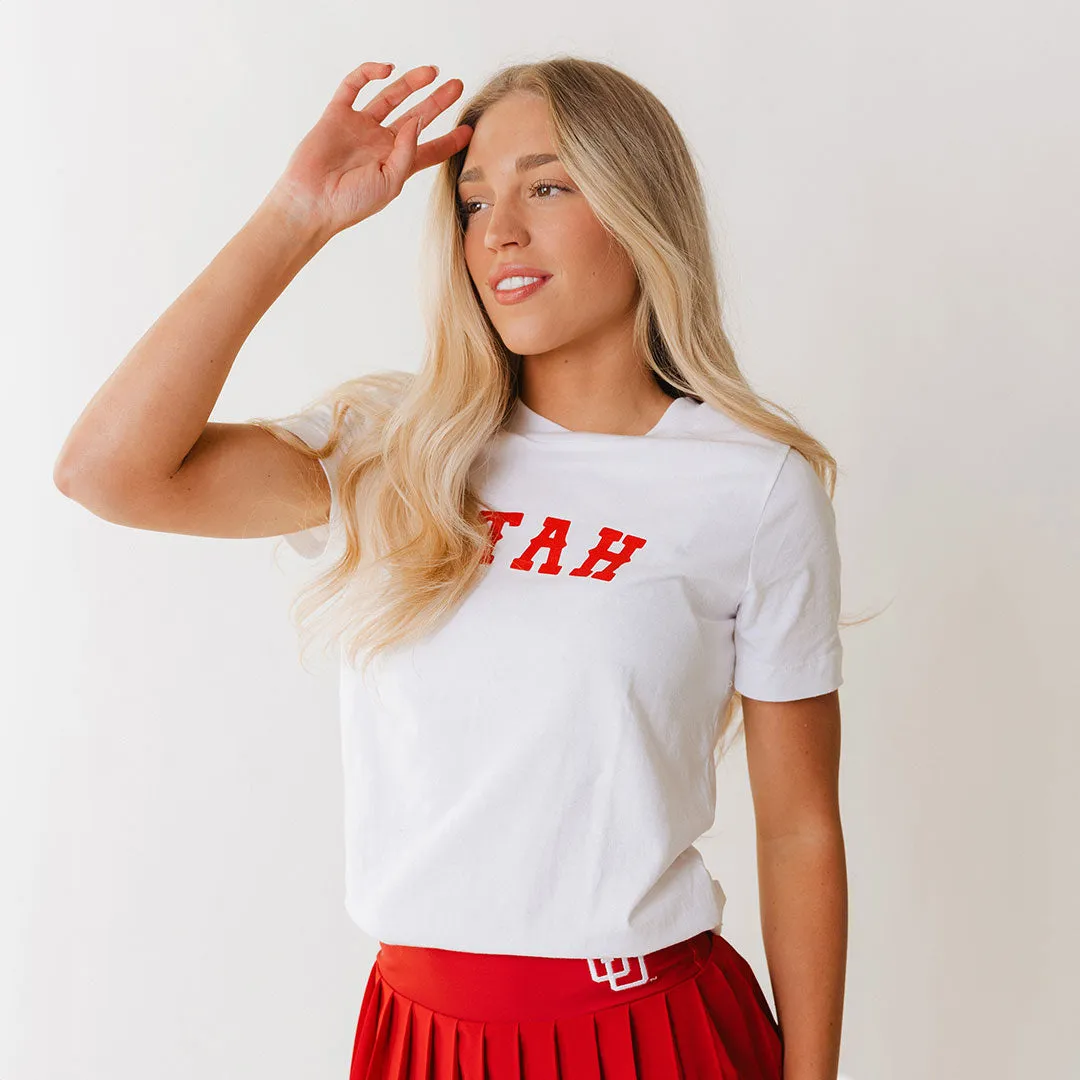 Utah Boyfriend Tee, White Crimson Western round neck