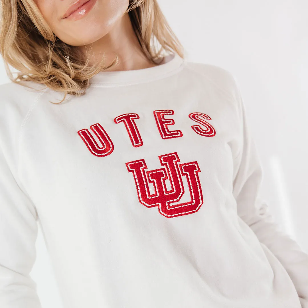 Utah Embroidered Campus Crew, White Utah UU retro vibe