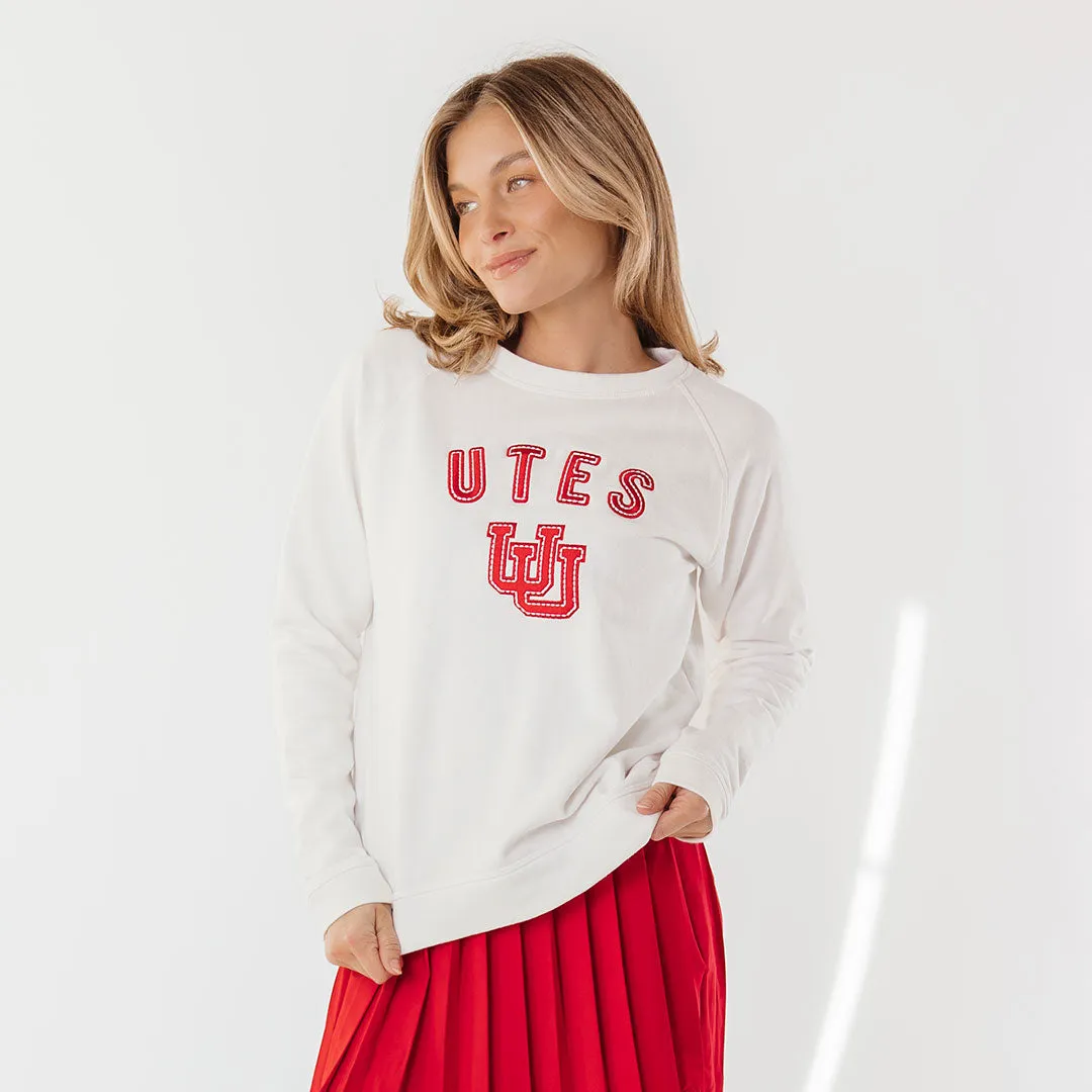 Utah Embroidered Campus Crew, White Utah UU retro vibe