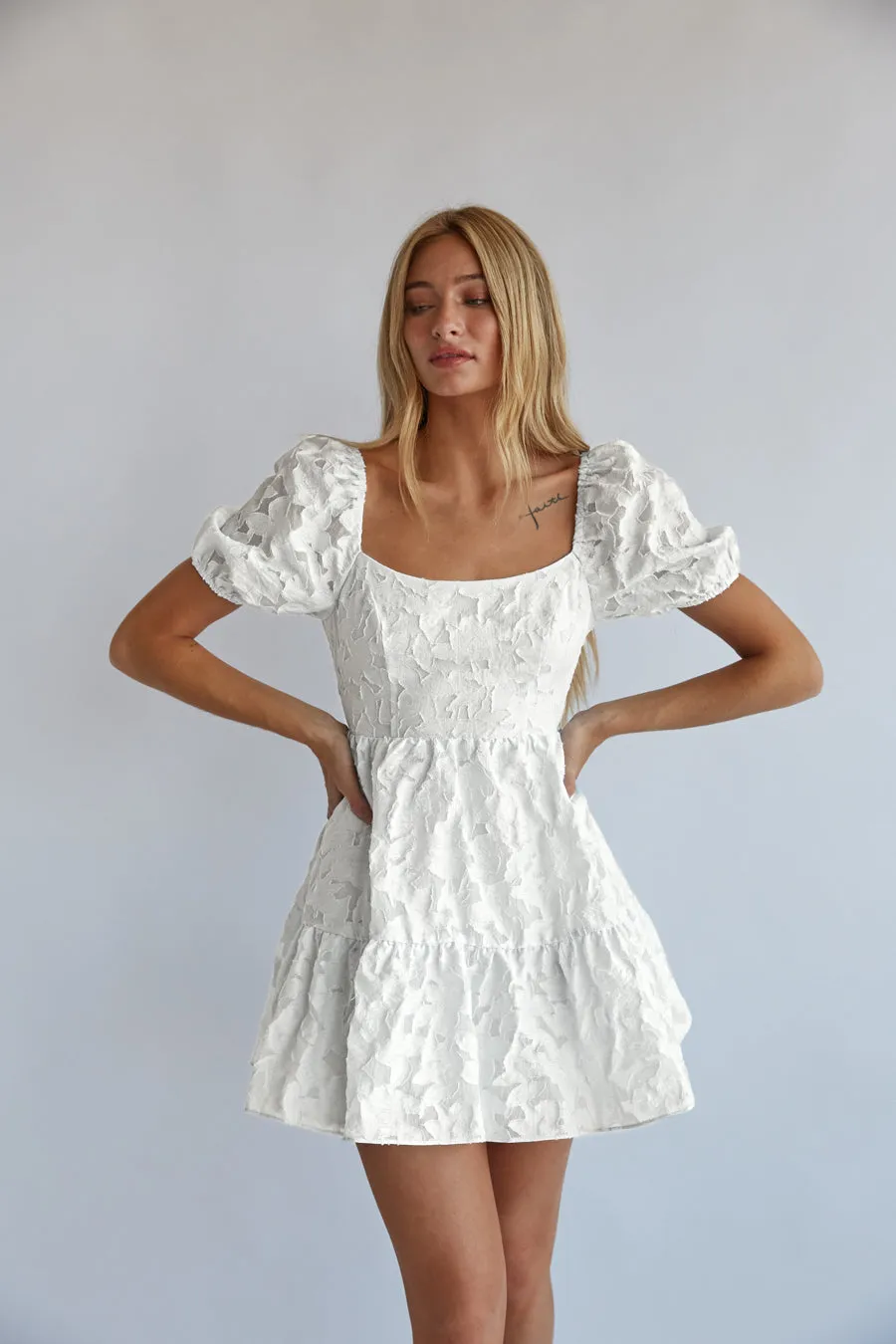 Whitley Tie Back Puff Sleeve Babydoll Mini Dress snow cream